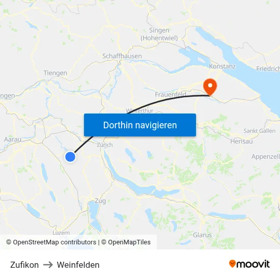 Zufikon to Weinfelden map