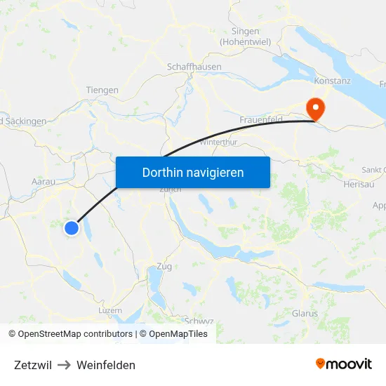 Zetzwil to Weinfelden map