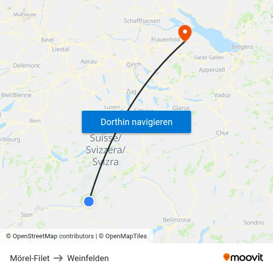 Mörel-Filet to Weinfelden map