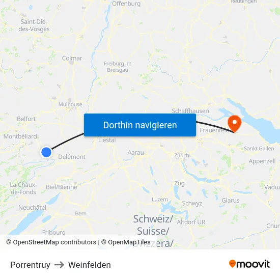 Porrentruy to Weinfelden map