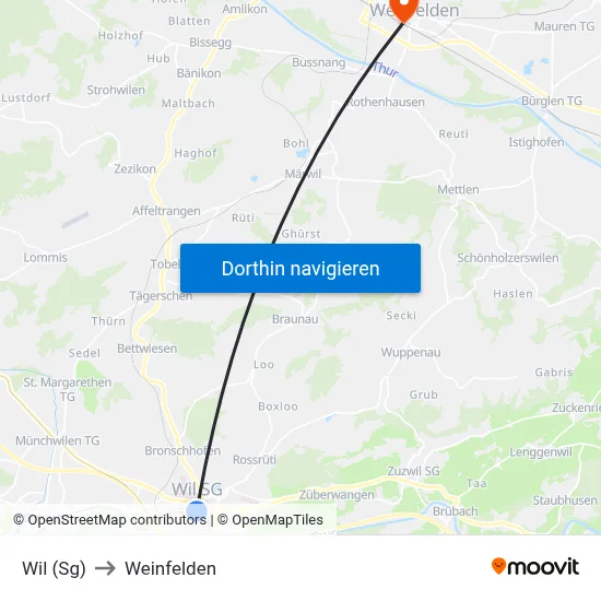 Wil (Sg) to Weinfelden map
