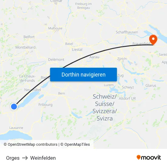 Orges to Weinfelden map