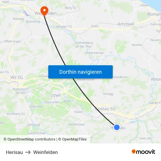 Herisau to Weinfelden map