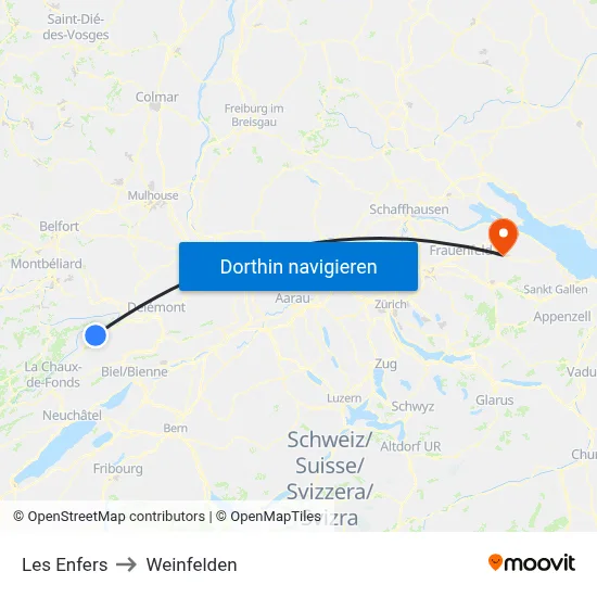Les Enfers to Weinfelden map