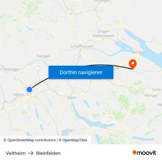 Veltheim to Weinfelden map