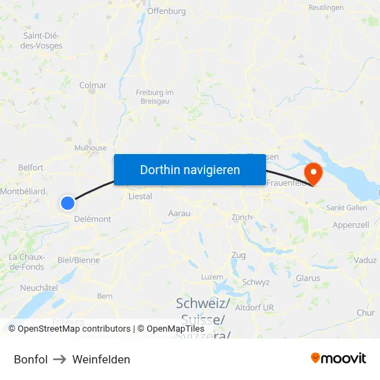 Bonfol to Weinfelden map