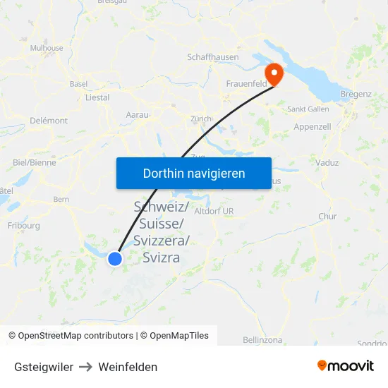 Gsteigwiler to Weinfelden map