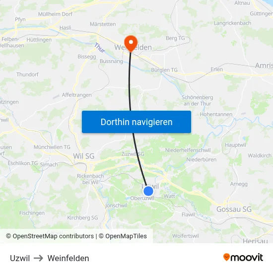 Uzwil to Weinfelden map
