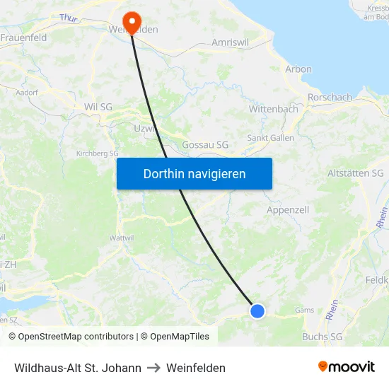 Wildhaus-Alt St. Johann to Weinfelden map