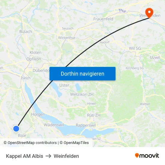 Kappel AM Albis to Weinfelden map