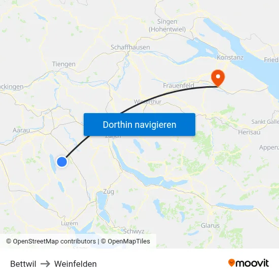 Bettwil to Weinfelden map