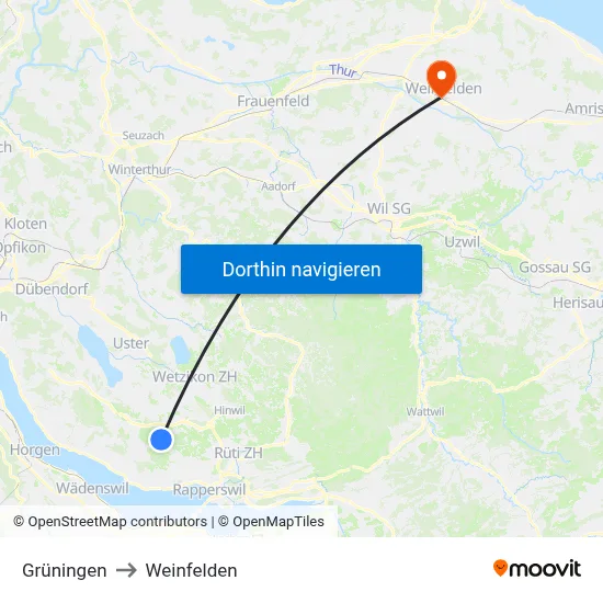 Grüningen to Weinfelden map