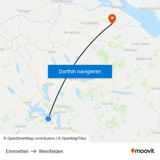 Emmetten to Weinfelden map