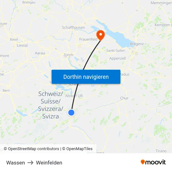 Wassen to Weinfelden map