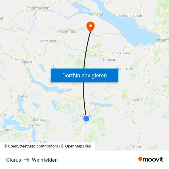 Glarus to Weinfelden map