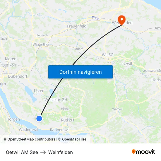 Oetwil AM See to Weinfelden map