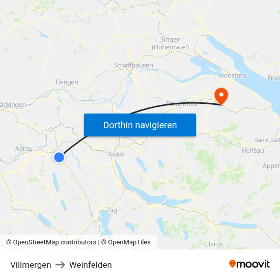 Villmergen to Weinfelden map