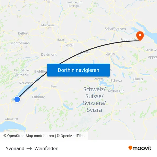 Yvonand to Weinfelden map