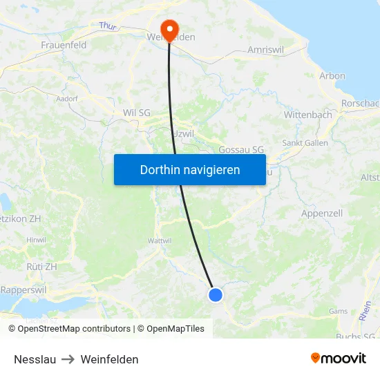 Nesslau to Weinfelden map