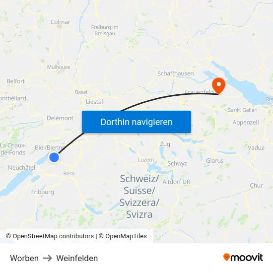 Worben to Weinfelden map