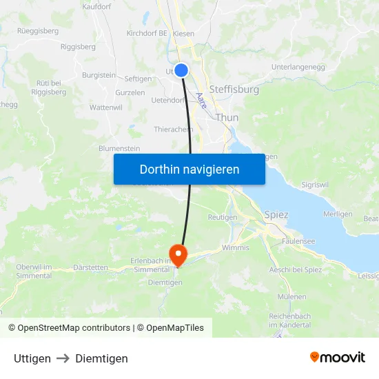 Uttigen to Diemtigen map