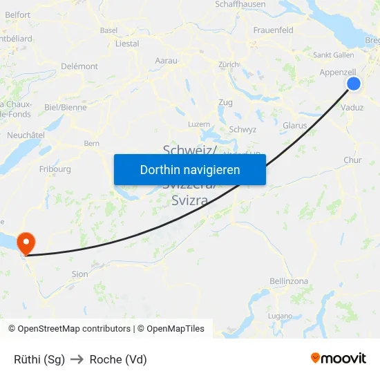 Rüthi (Sg) to Roche (Vd) map