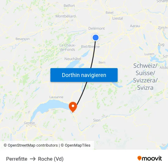 Perrefitte to Roche (Vd) map