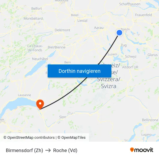 Birmensdorf (Zh) to Roche (Vd) map