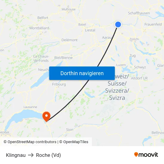 Klingnau to Roche (Vd) map