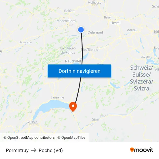 Porrentruy to Roche (Vd) map
