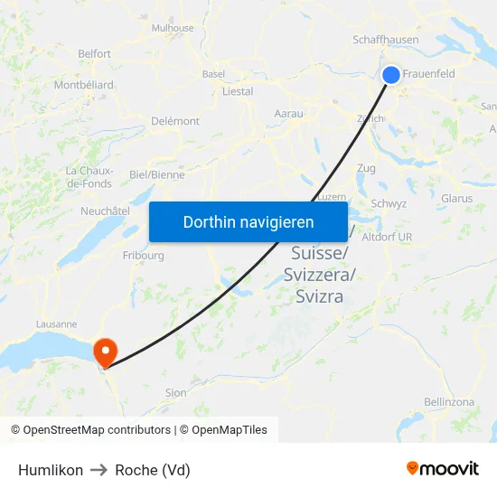Humlikon to Roche (Vd) map