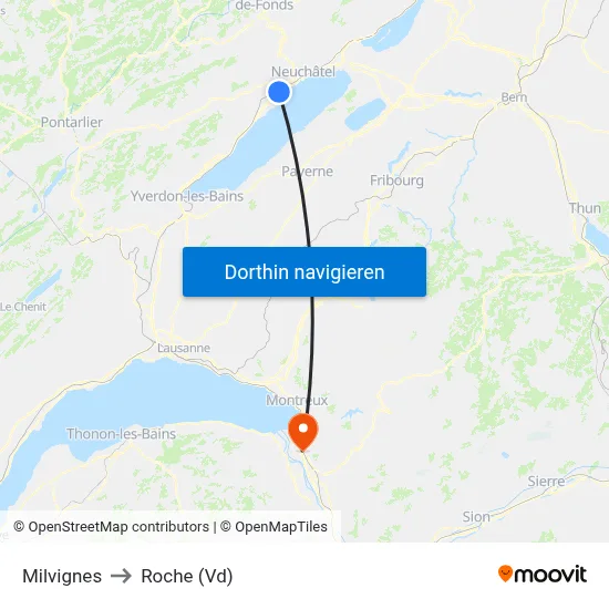 Milvignes to Roche (Vd) map