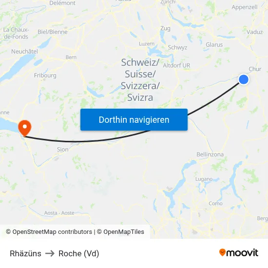 Rhäzüns to Roche (Vd) map