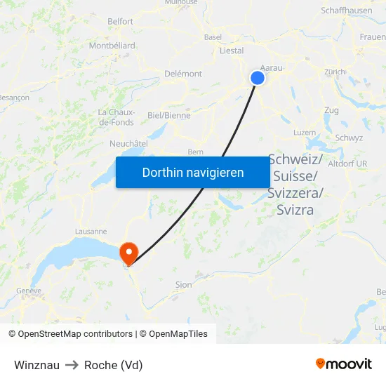 Winznau to Roche (Vd) map