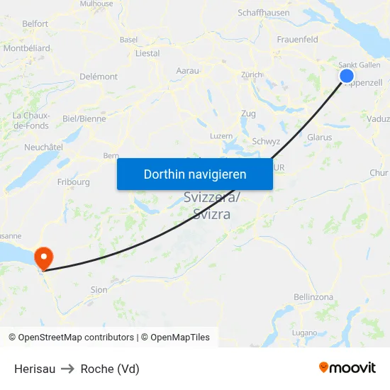 Herisau to Roche (Vd) map