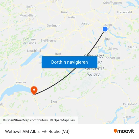 Wettswil AM Albis to Roche (Vd) map
