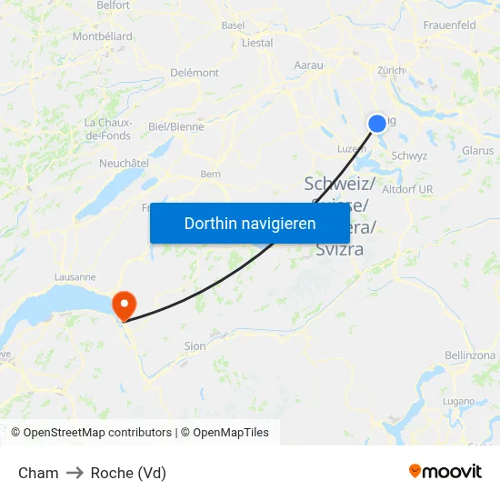 Cham to Roche (Vd) map