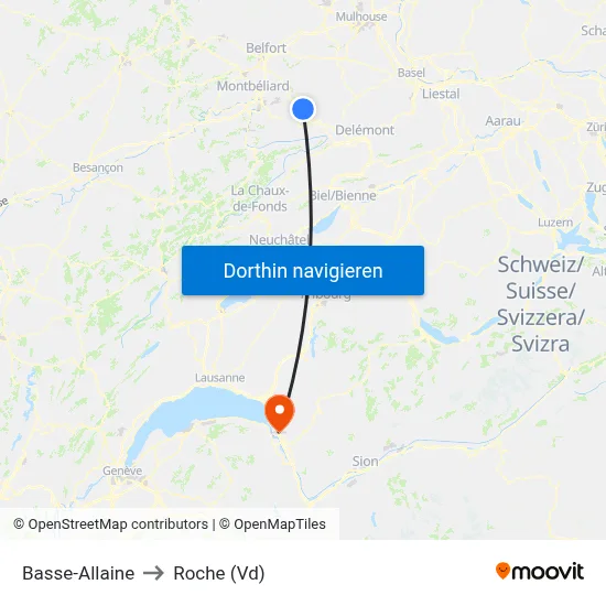 Basse-Allaine to Roche (Vd) map