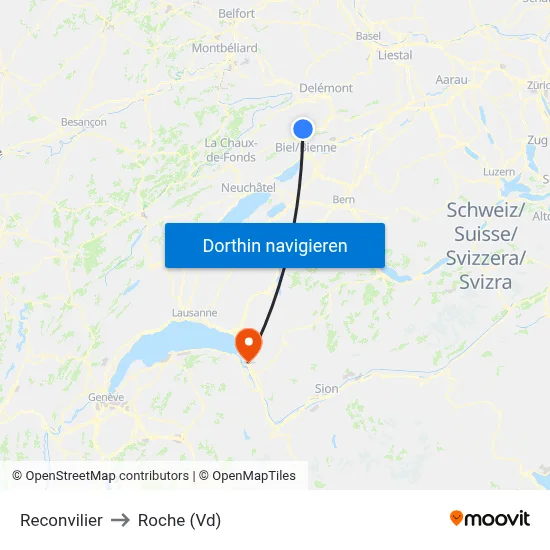 Reconvilier to Roche (Vd) map
