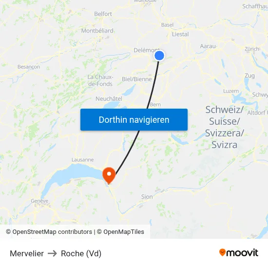 Mervelier to Roche (Vd) map