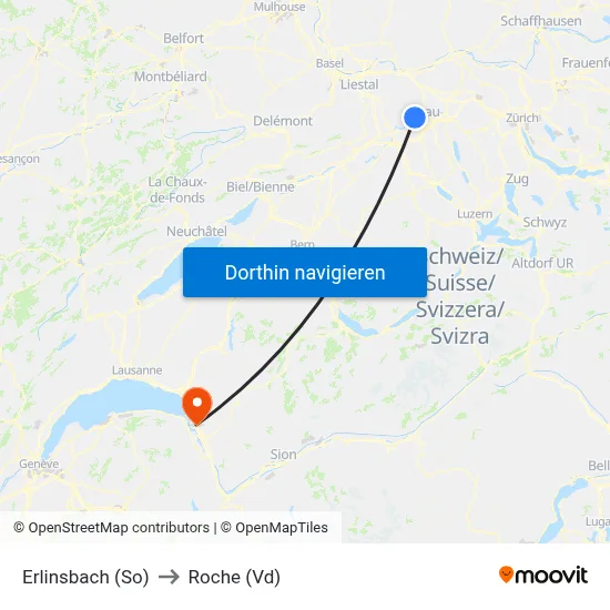 Erlinsbach (So) to Roche (Vd) map