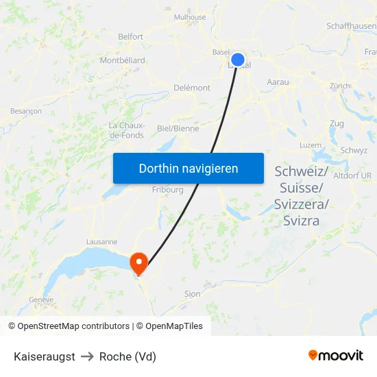 Kaiseraugst to Roche (Vd) map
