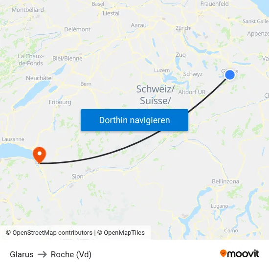 Glarus to Roche (Vd) map