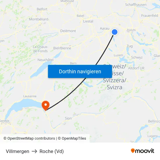 Villmergen to Roche (Vd) map