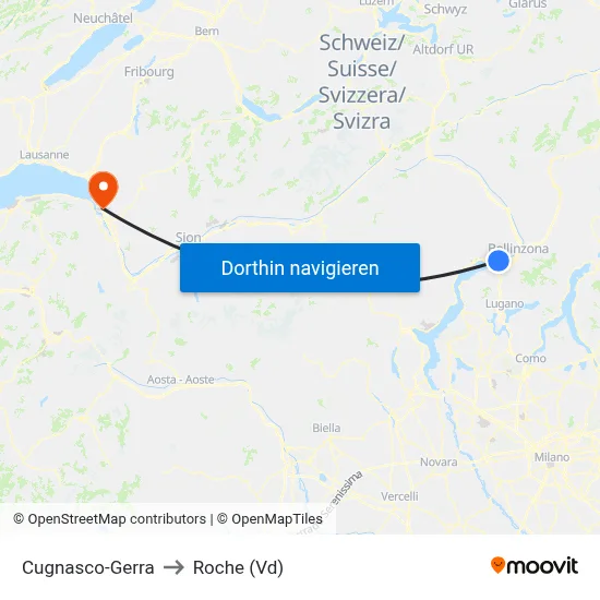 Cugnasco-Gerra to Roche (Vd) map