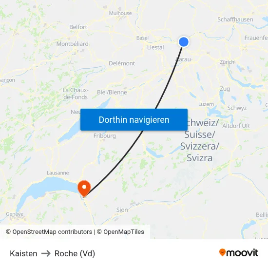 Kaisten to Roche (Vd) map