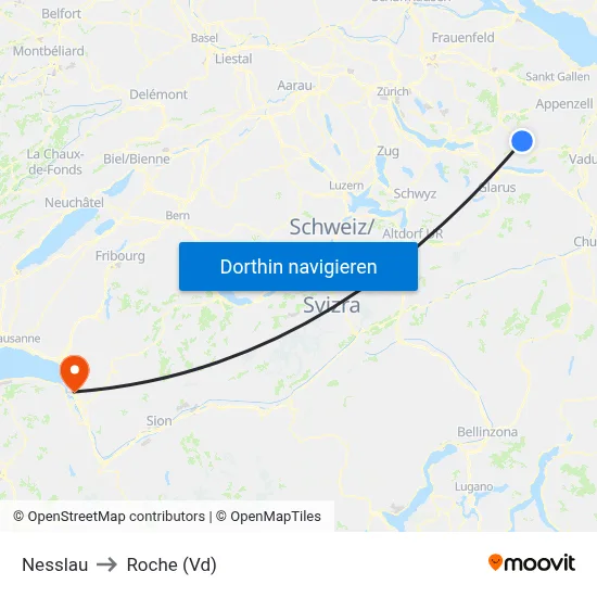 Nesslau to Roche (Vd) map