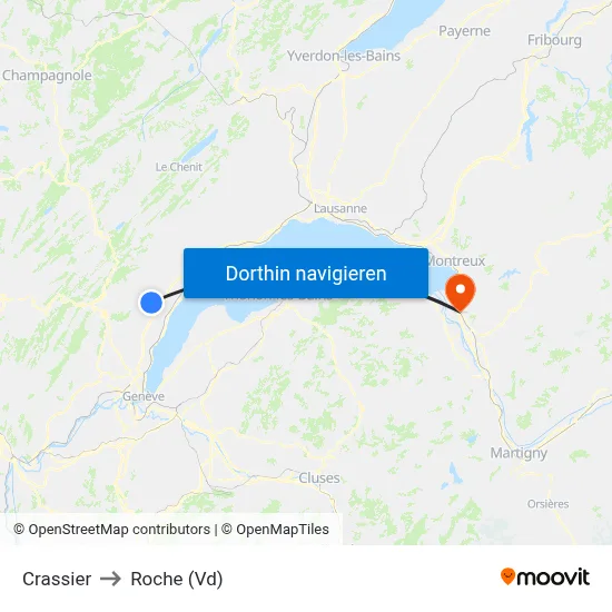 Crassier to Roche (Vd) map