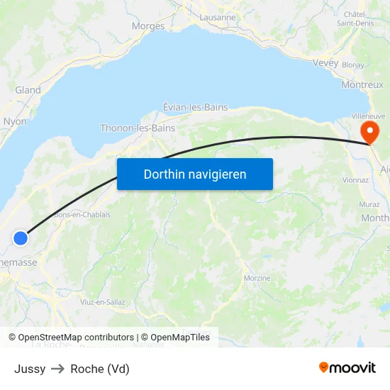 Jussy to Roche (Vd) map