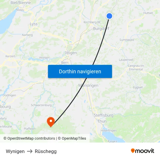 Wynigen to Rüschegg map